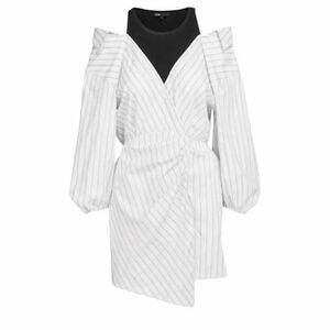 Maje Cold Shoulder Asymmetrical Striped Tie Waist Buttom Collared Shirt Dress